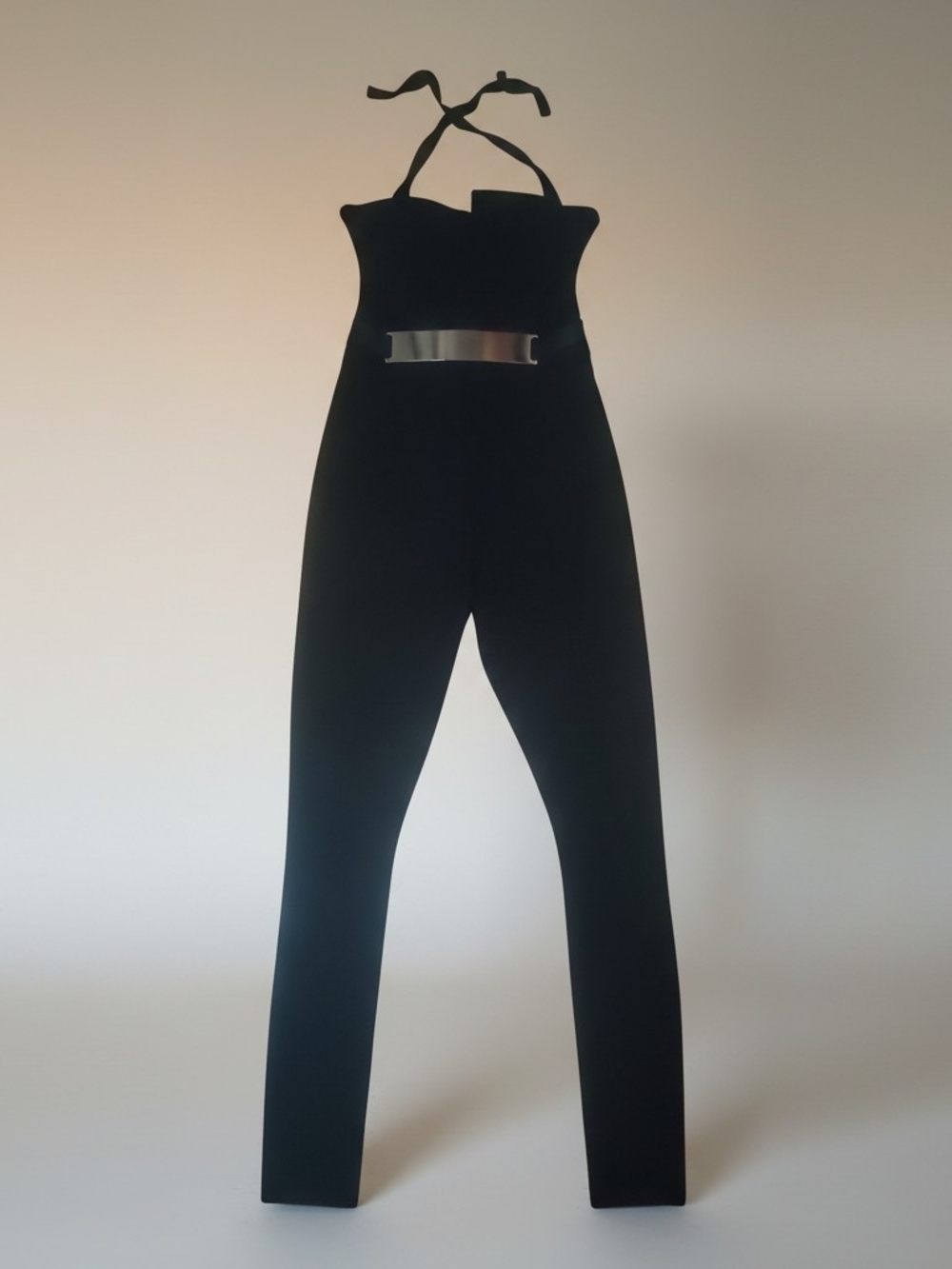 Material Girl Black Halter Jumpsuit with Silver Waist Plate